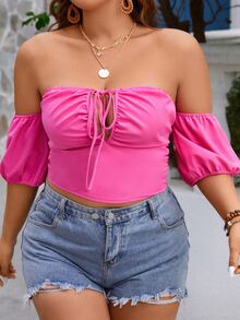 SHEIN Clasi Top crop de hombros descubiertos con nudo delantero - Rosa Fucsia - Ver 4