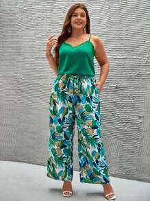 SHEIN Frenchy Áo hai dây viền ren Boho cỡ lớn & Quần ống rộng in họa tiết nhiệt đới Ngày Thánh Patrick, cho mùa hè - màu xanh lá - Xem 3