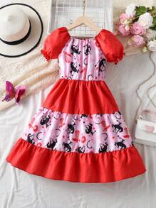 小女童卡通圖案泡泡袖荷葉邊洋裝