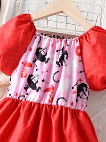 小女童卡通圖案泡泡袖荷葉邊洋裝