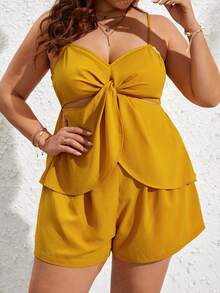 SHEIN VCAY Plus Twist Front Cami Top & Shorts - Mustard Yellow - View 4