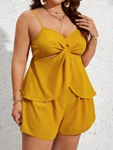 SHEIN VCAY Plus Twist Front Cami Top & Shorts - Mustard Yellow - View 5