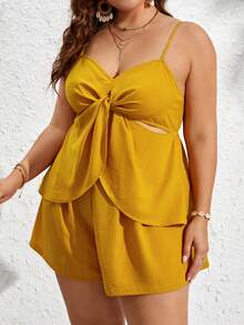 SHEIN VCAY Plus Twist Front Cami Top & Shorts - Mustard Yellow - View 6
