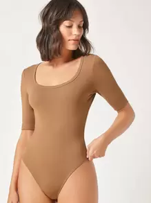 SHEIN BASICS Solid Form Fitted Bodysuit - Brown - View 1