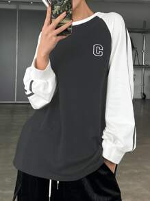 DAZY Two Tone Letter Graphic Raglan Sleeve Tee - Dark Grey - View 3