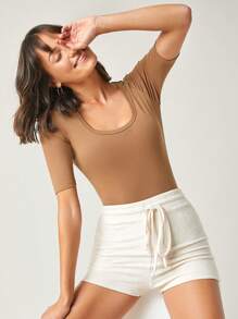 SHEIN BASICS Solid Form Fitted Bodysuit - Brown - View 4