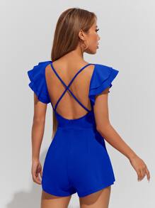 SHEIN PETITE Plunge Neck Ruffle Trim Crisscross Back Romper - Royal Blue - View 2