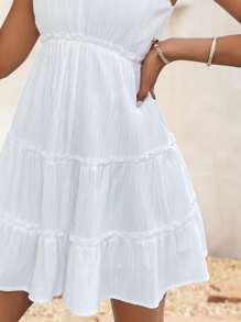 SHEIN VCAY Vestido de hombros con cordón ribete fruncido bajo con fruncido - Blanco - Ver 7