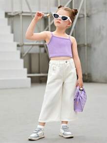 SHEIN 年輕女孩斜口口袋寬腿牛仔褲 - 白色 - 查看 1