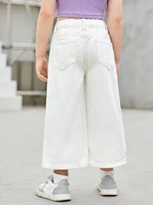 SHEIN 年輕女孩斜口口袋寬腿牛仔褲 - 白色 - 查看 2