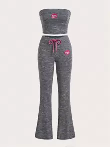 SHEIN MOD 字母圖案抹胸上衣和褲子 - 灰色 - 查看 1