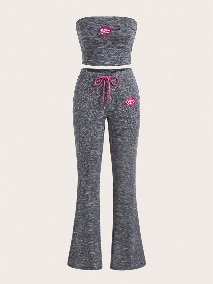 SHEIN MOD 字母圖案抹胸上衣和褲子 - 灰色 - 查看 1