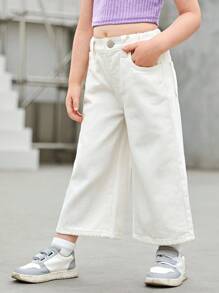 SHEIN 年輕女孩斜口口袋寬腿牛仔褲 - 白色 - 查看 4