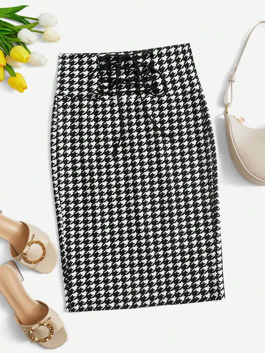 SHEIN Privé Váy nữ Ren lên Thắt nơ trước răng cưa Thanh lịch - Đen và trắng - Xem 1