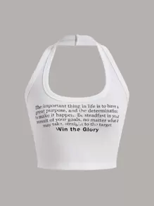 SHEIN EZwear Slogan Graphic Crop Halter Top The Important Thing In Life Is To Have A Great Purpose, And The Determination To Make It Happen Be Steadfast In Your Pursuit Of Your Goals, No Matter What It May Take Straight To The Target Win The Glory - White - View 2