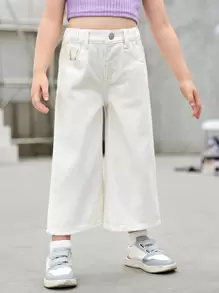 SHEIN 年輕女孩斜口口袋寬腿牛仔褲 - 白色 - 查看 5