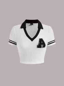 SHEIN MOD Camiseta corta con parche de letra y ribete a rayas, estilo verano