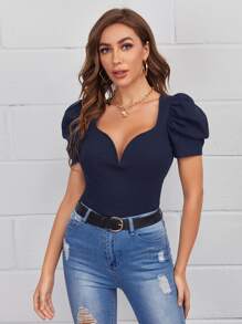 SHEIN Privé 雞心領口泡泡袖羅紋針織T恤 - 藏蓝色 - 查看 1