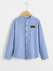 SHEIN Áo sơ mi Trai Nút Đắp vá màu trơn Giải trí - Màu xanh lam - Xem 1
