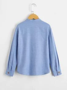 SHEIN Áo sơ mi Trai Nút Đắp vá màu trơn Giải trí - Màu xanh lam - Xem 2