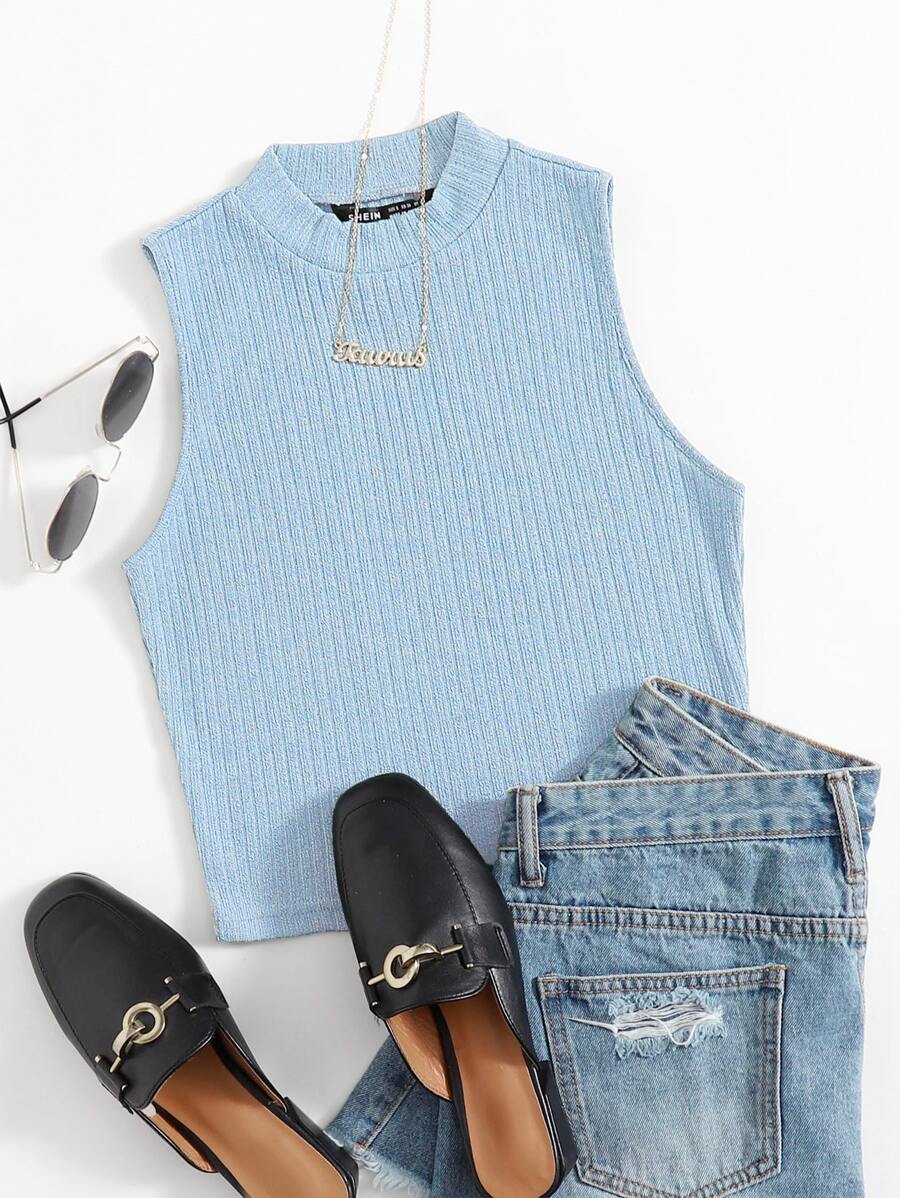 Muchica Áo tank top đan có gân ngắn trơn - Màu xanh nhạt - Xem 1