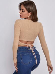 SHEIN Privé 後繫帶羅紋針織上衣 - 杏色 - 查看 1