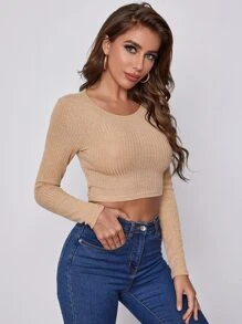 SHEIN Privé 後繫帶羅紋針織上衣 - 杏色 - 查看 2