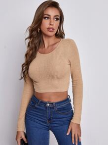 SHEIN Privé 後繫帶羅紋針織上衣 - 杏色 - 查看 3