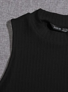SHEIN EZwear Solid Crop Rib-knit Tank Top - Black - View 4