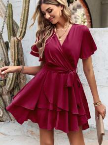 SHEIN Holidaya 蝴蝶袖两层下摆系带连衣裙 酒红色女装 - 酒紅色 - 查看 3