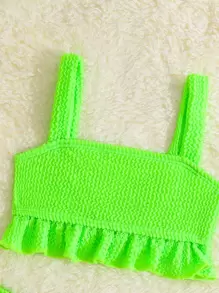 SHEIN Baby Girl Summer Beach Ruffle Hem Textured Neon Beachwear Bathing Suit - Lime Green - View 3