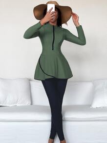 Swim Mulvari Summer Beach Zipper Front Full Cover Burkini SwimsuitArabic Clothing - Army Green - View 1