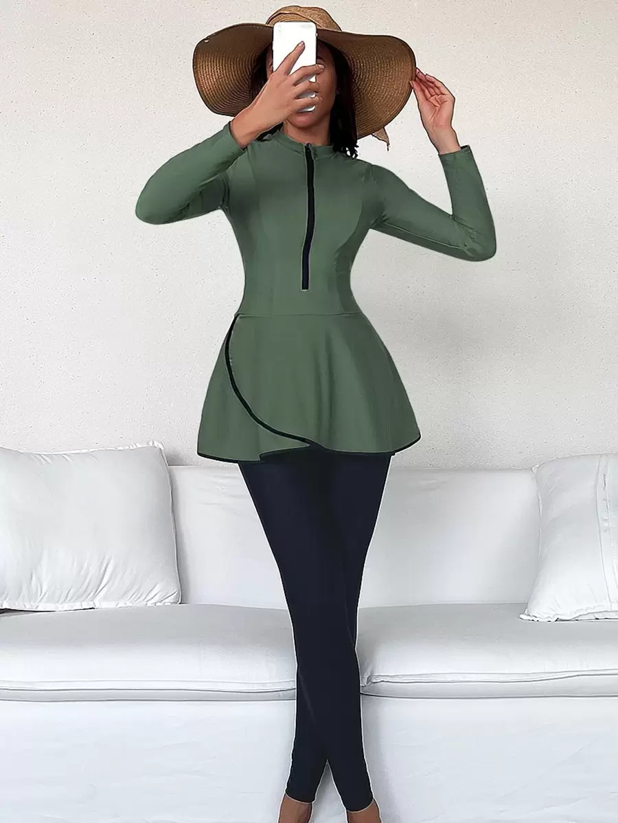 Swim Mulvari Summer Beach Zipper Front Full Cover Burkini SwimsuitArabic Clothing - Army Green - View 1