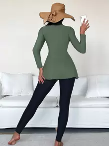 Swim Mulvari Summer Beach Zipper Front Full Cover Burkini SwimsuitArabic Clothing - Army Green - View 2