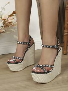 Women Studded Decor Wedge Sandals, Punk Outdoor Sandals - Black - View 2