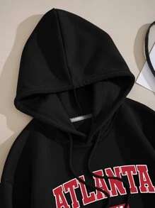 INAWLY Letter Graphic Kangaroo Pocket Drawstring Thermal Lined Hoodie - Black - View 7