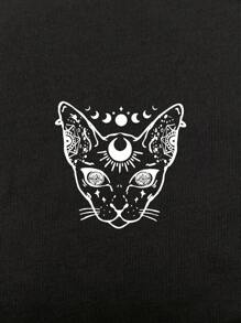 ROMWE Goth 貓印花背心上衣 - 黑色 - 查看 3