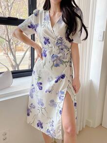 DAZY Floral Print Puff Sleeve Dress - Beige - View 3