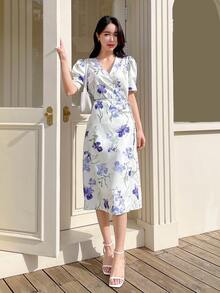 DAZY Floral Print Puff Sleeve Dress - Beige - View 4