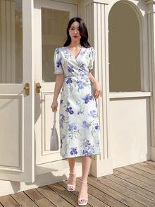 DAZY Floral Print Puff Sleeve Dress - Beige - View 5