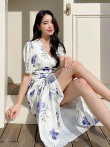 DAZY Floral Print Puff Sleeve Dress - Beige - View 6