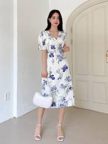 DAZY Floral Print Puff Sleeve Dress - Beige - View 7