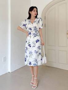 DAZY Floral Print Puff Sleeve Dress - Beige - View 8