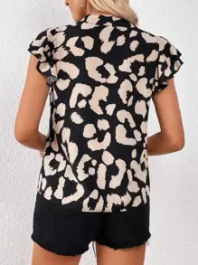 SHEIN Privé 滿版印花缺口領蝴蝶袖襯衫 - 米色 - 查看 2