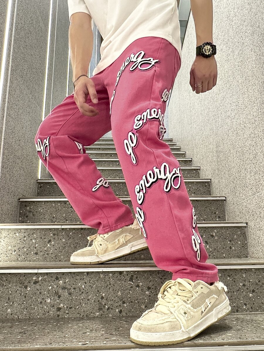 Manfinity Men Letter Graphic Jeans - Pink - View 1