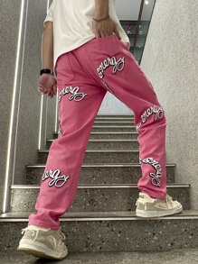 Manfinity Men Letter Graphic Jeans - Pink - View 2