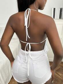 SHEIN Tie Backless Sequin Halter Top - Silver - View 2