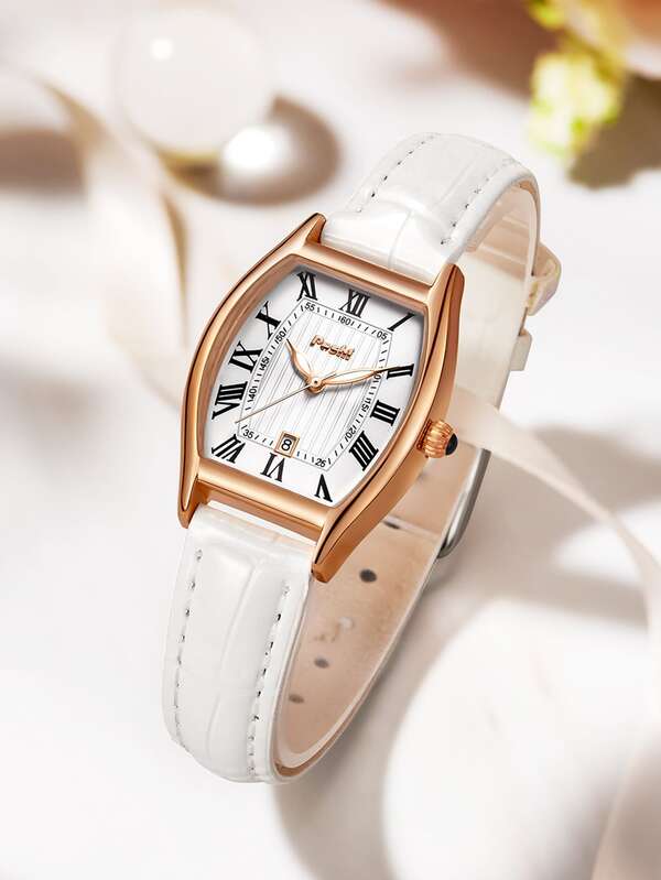 Poshi 1pc White Crocodile Embossed PU Polyurethane Strap Casual Date Tonneau Dial Quartz Watch, For Daily Life
