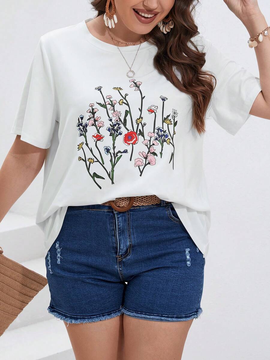 SHEIN LUNE Plus Floral Print Tee - White - View 1