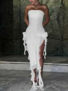 Women Ruffle Flower Bodycon Party Club Vacation Y2K Sexy Split Tube Spring Summer Dress Night Out Clothes - 白色 - 查看 2